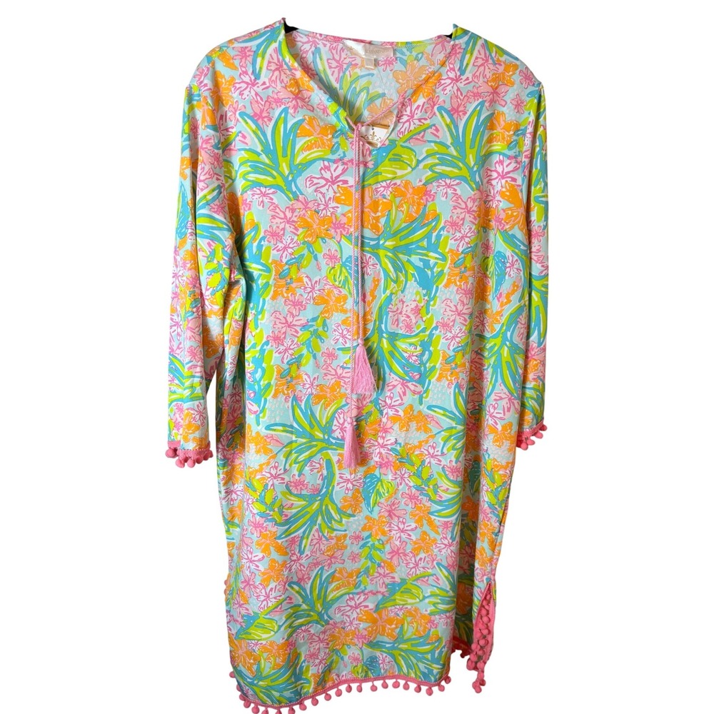 The Royal Standard Floral Pom Pom Tunic Dress L/XL Pink Orange Tropical Tassels
